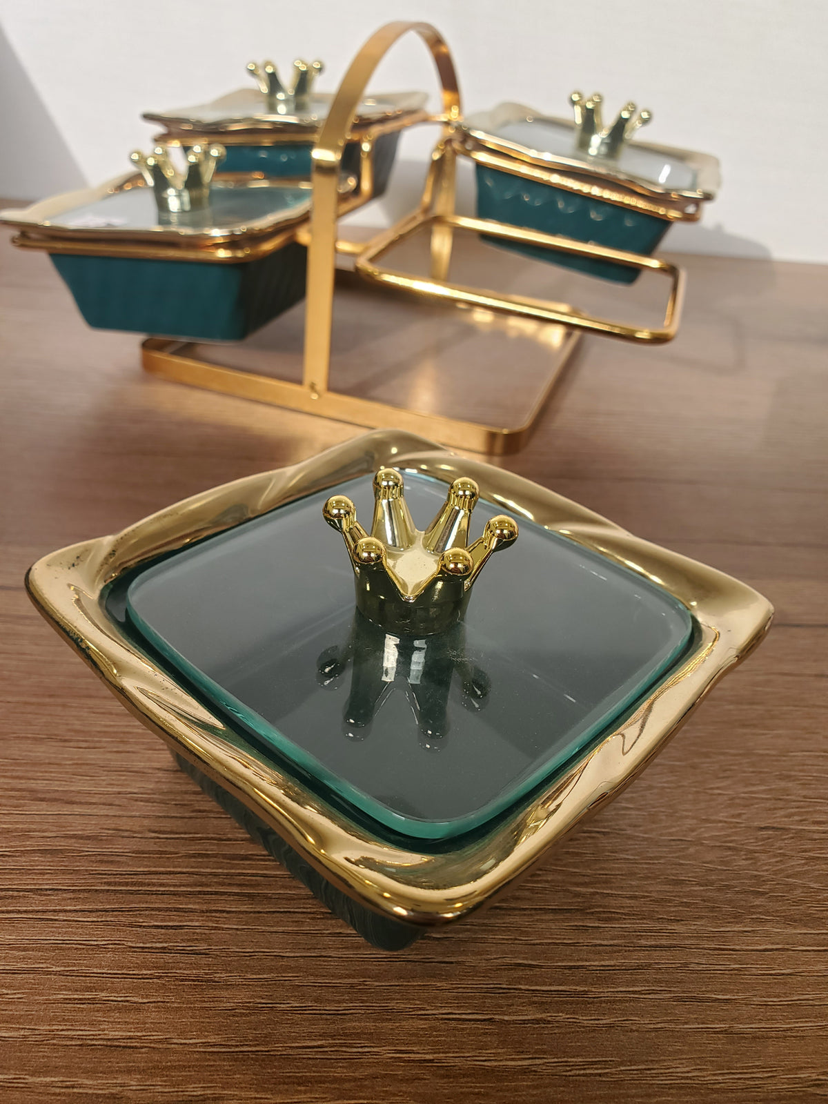 4-Section Square Ceramic Snack Serving Tray with Gold Stand (1-3)