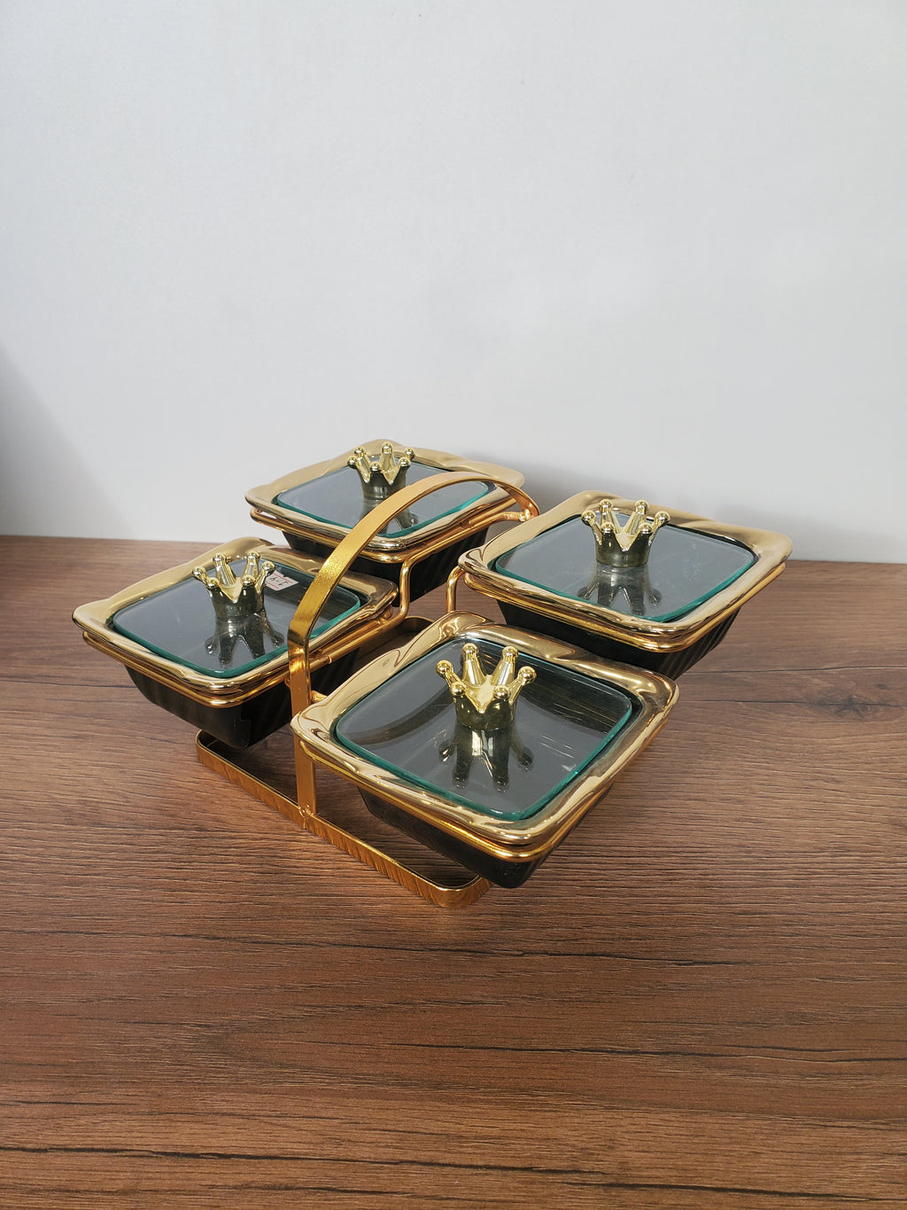 4-Section Square Ceramic Snack Serving Tray with Gold Stand (1-4)