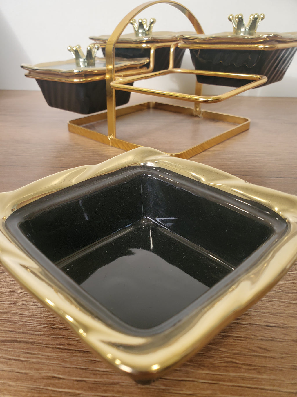 4-Section Square Ceramic Snack Serving Tray with Gold Stand (1-4)