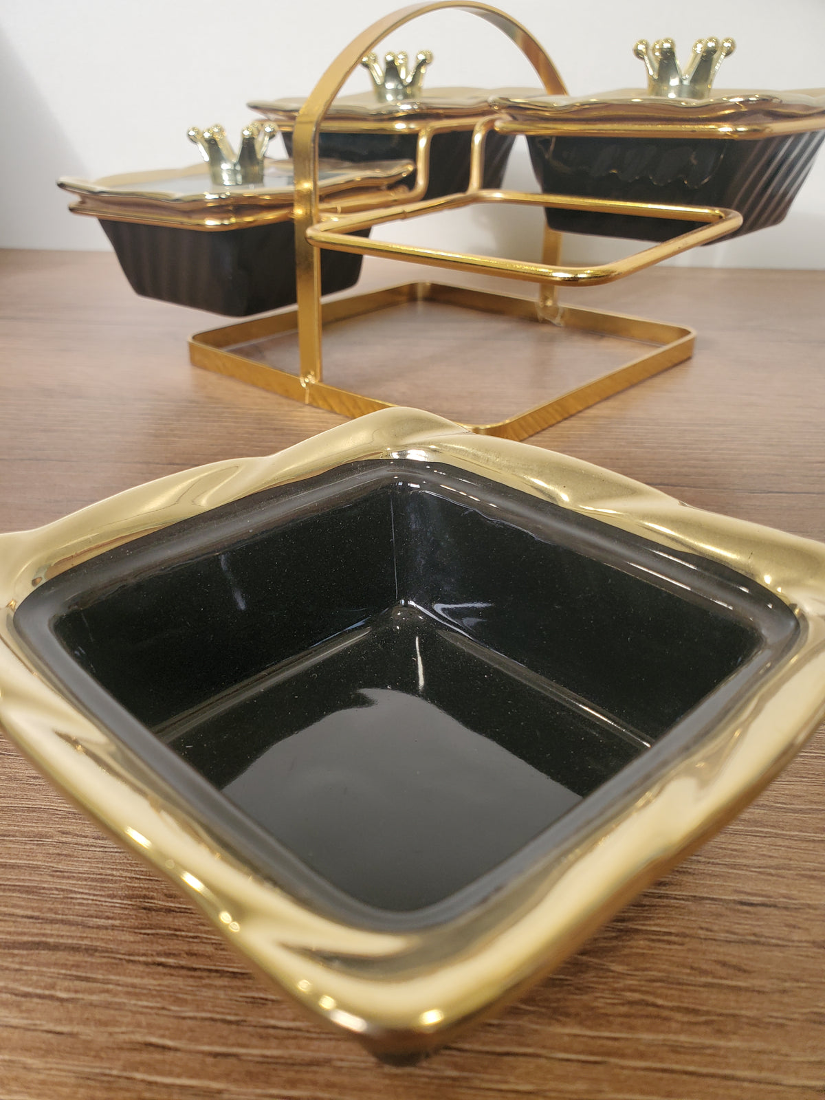 4-Section Square Ceramic Snack Serving Tray with Gold Stand (1-4)