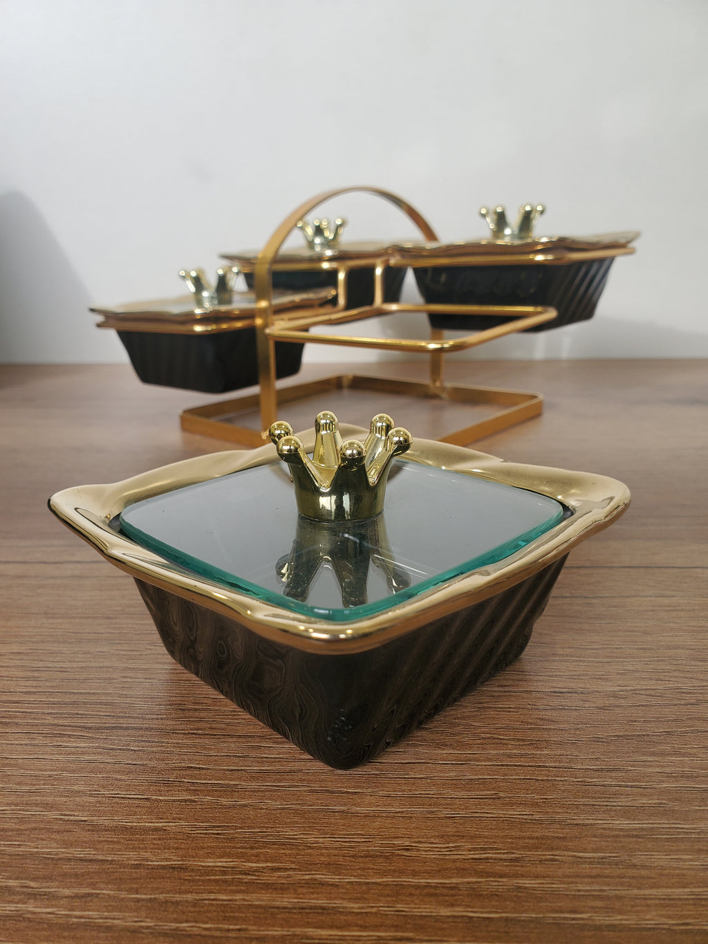 4-Section Square Ceramic Snack Serving Tray with Gold Stand (1-4)