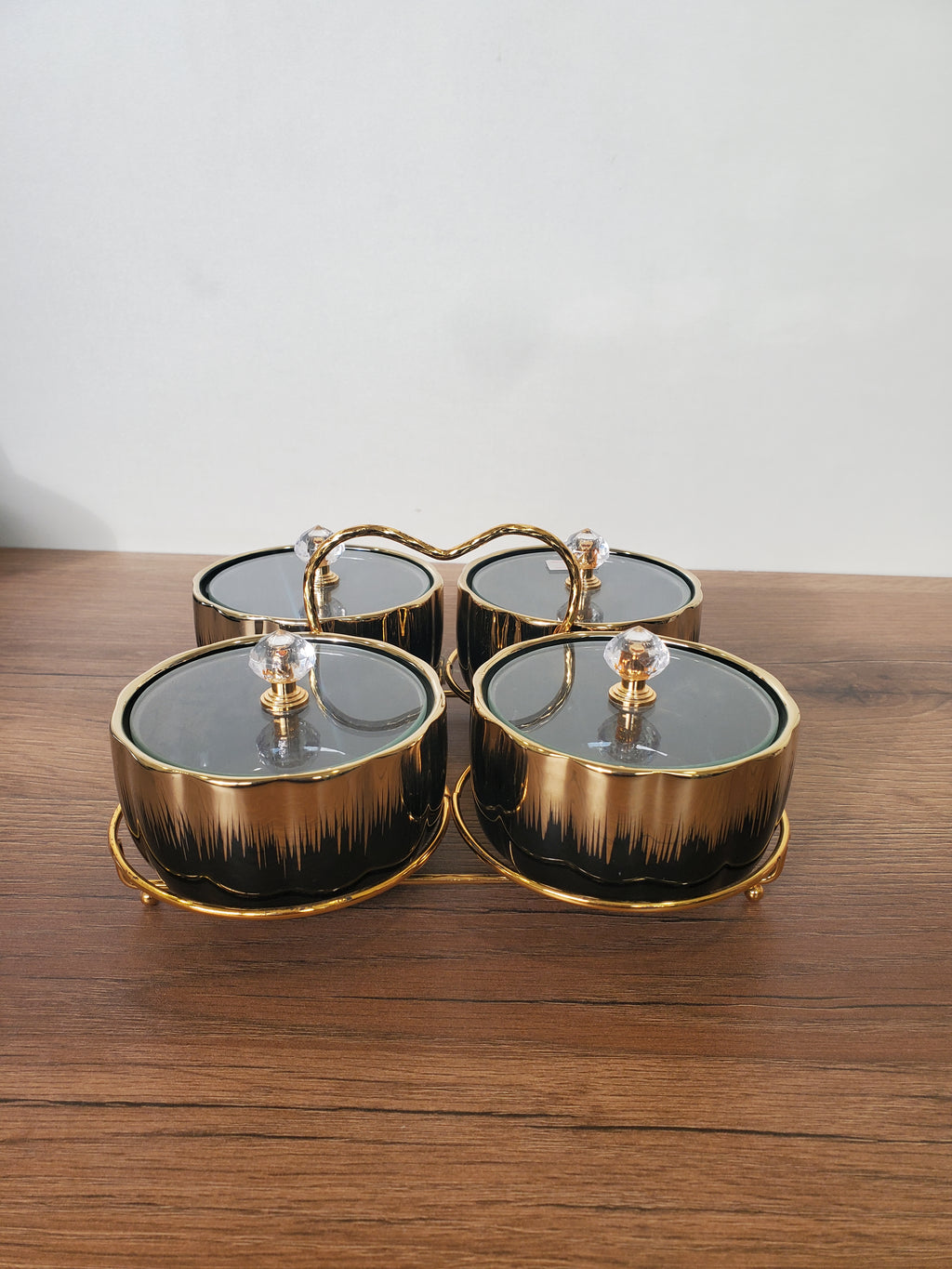4-Section Round Ceramic Snack Serving Tray with Gold Stand (1-6)