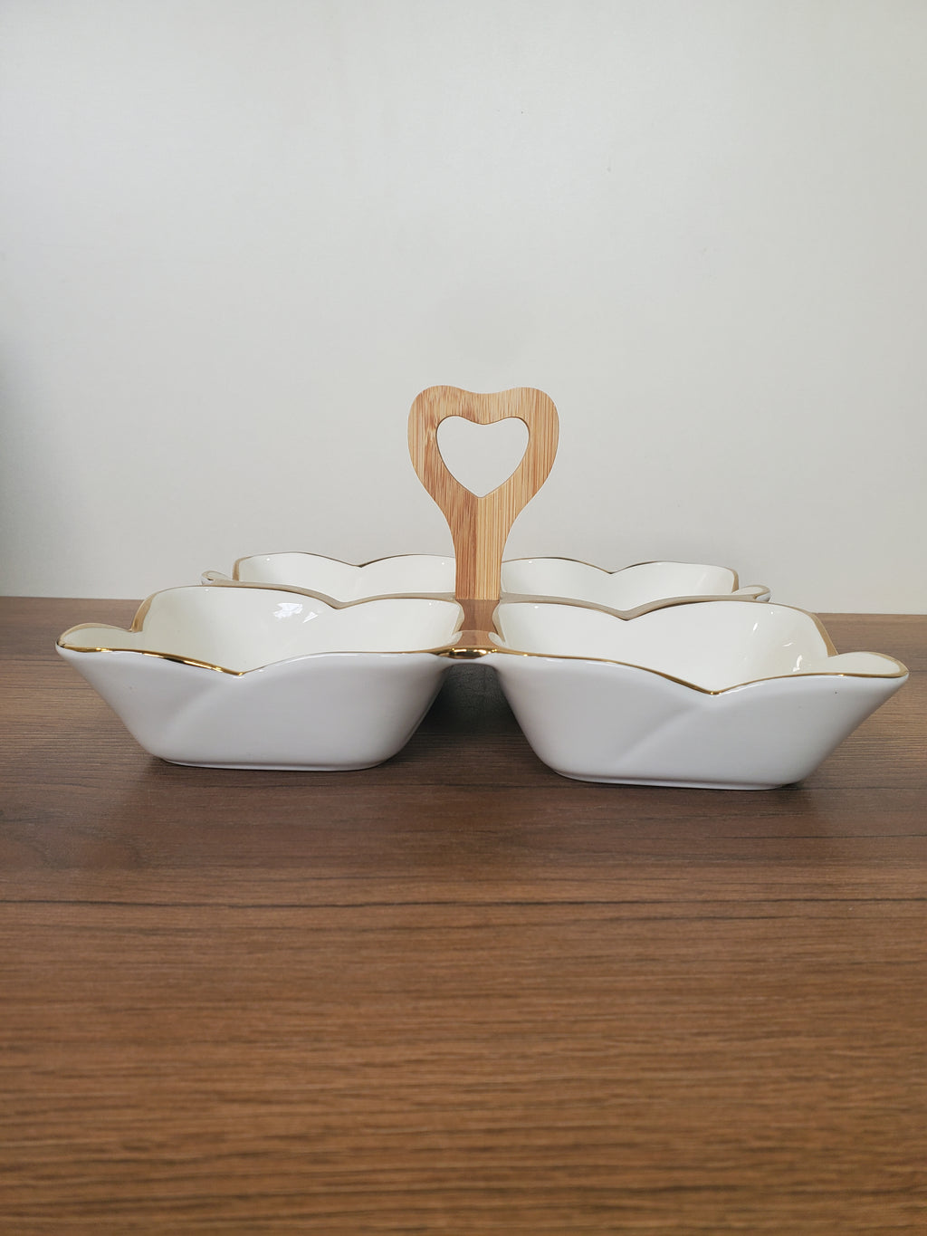 4-Section Square Ceramic Snack Serving Tray with Wooden Handle (1-14)