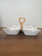 4-Section Square Ceramic Snack Serving Tray with Wooden Handle (1-14)