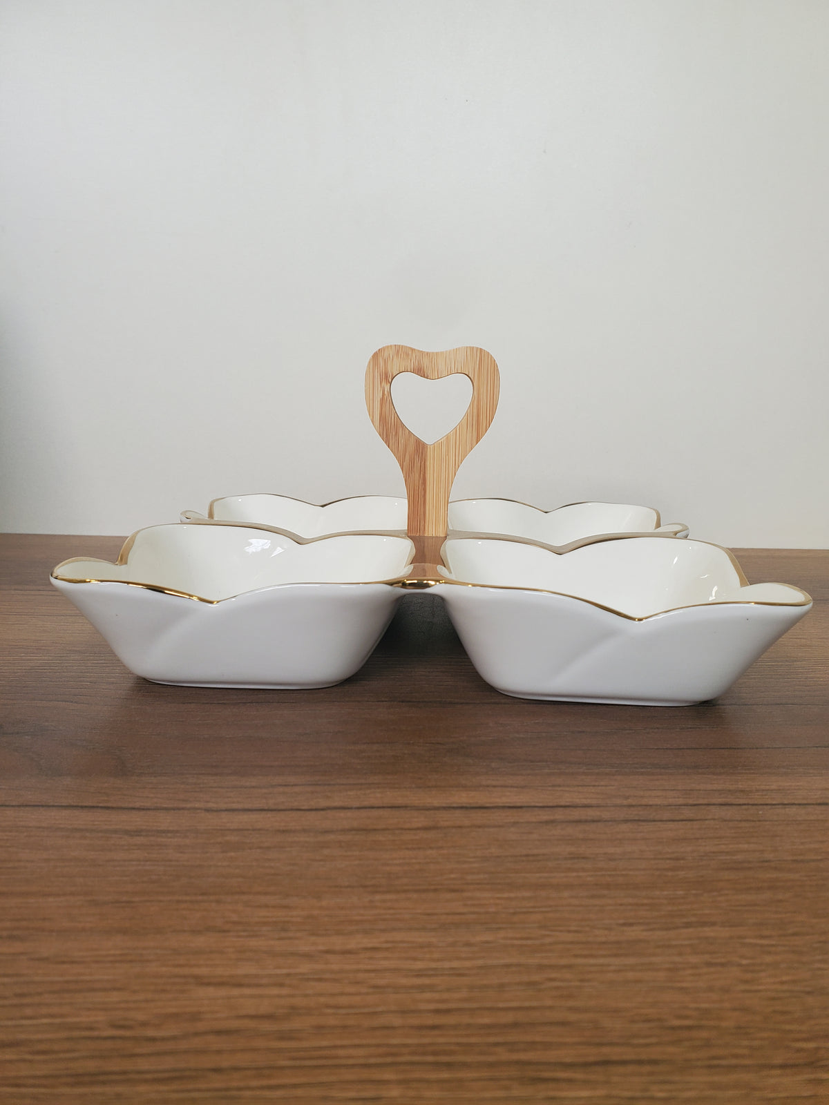 4-Section Square Ceramic Snack Serving Tray with Wooden Handle (1-14)