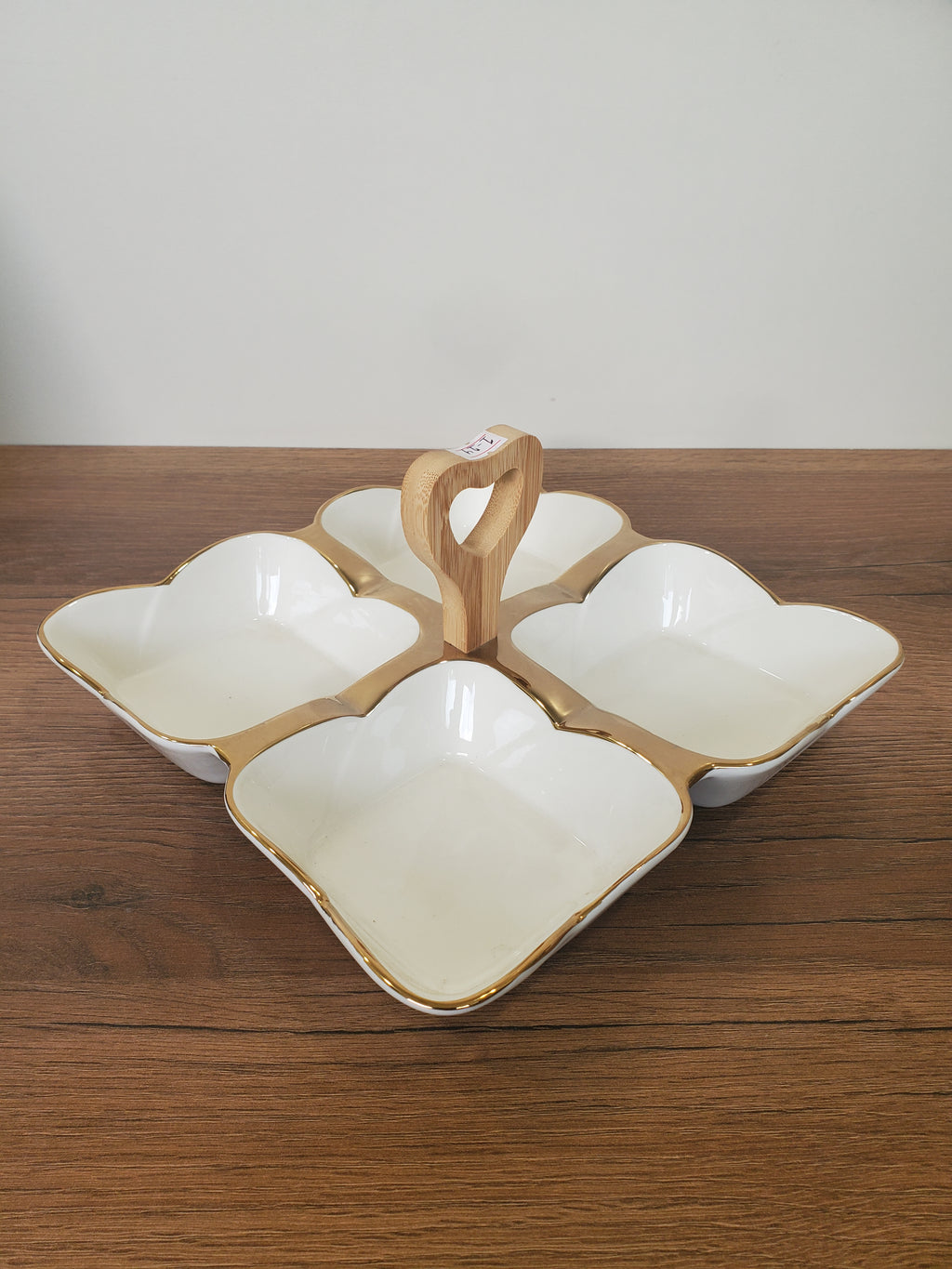 4-Section Square Ceramic Snack Serving Tray with Wooden Handle (1-14)