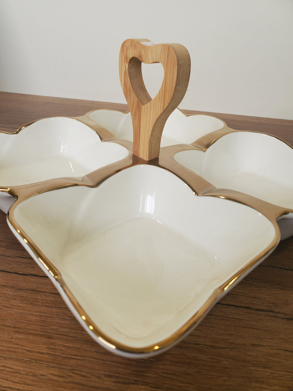 4-Section Square Ceramic Snack Serving Tray with Wooden Handle (1-14)
