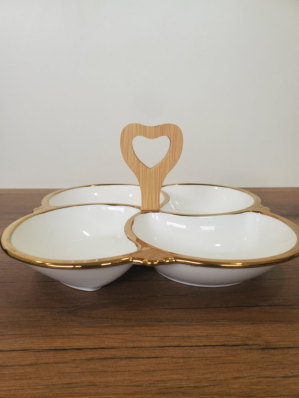 4-Section Round Ceramic Snack Serving Tray with Wooden Handle (1-12)