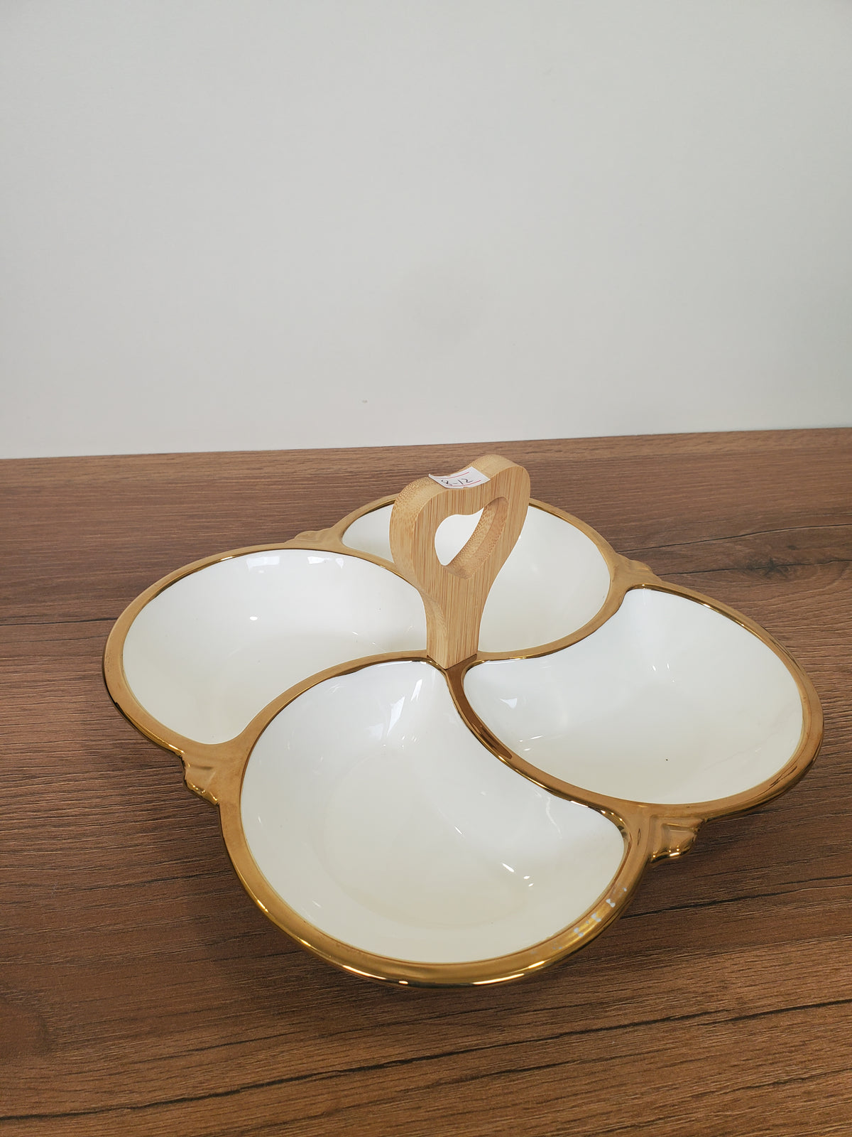 4-Section Round Ceramic Snack Serving Tray with Wooden Handle (1-12)