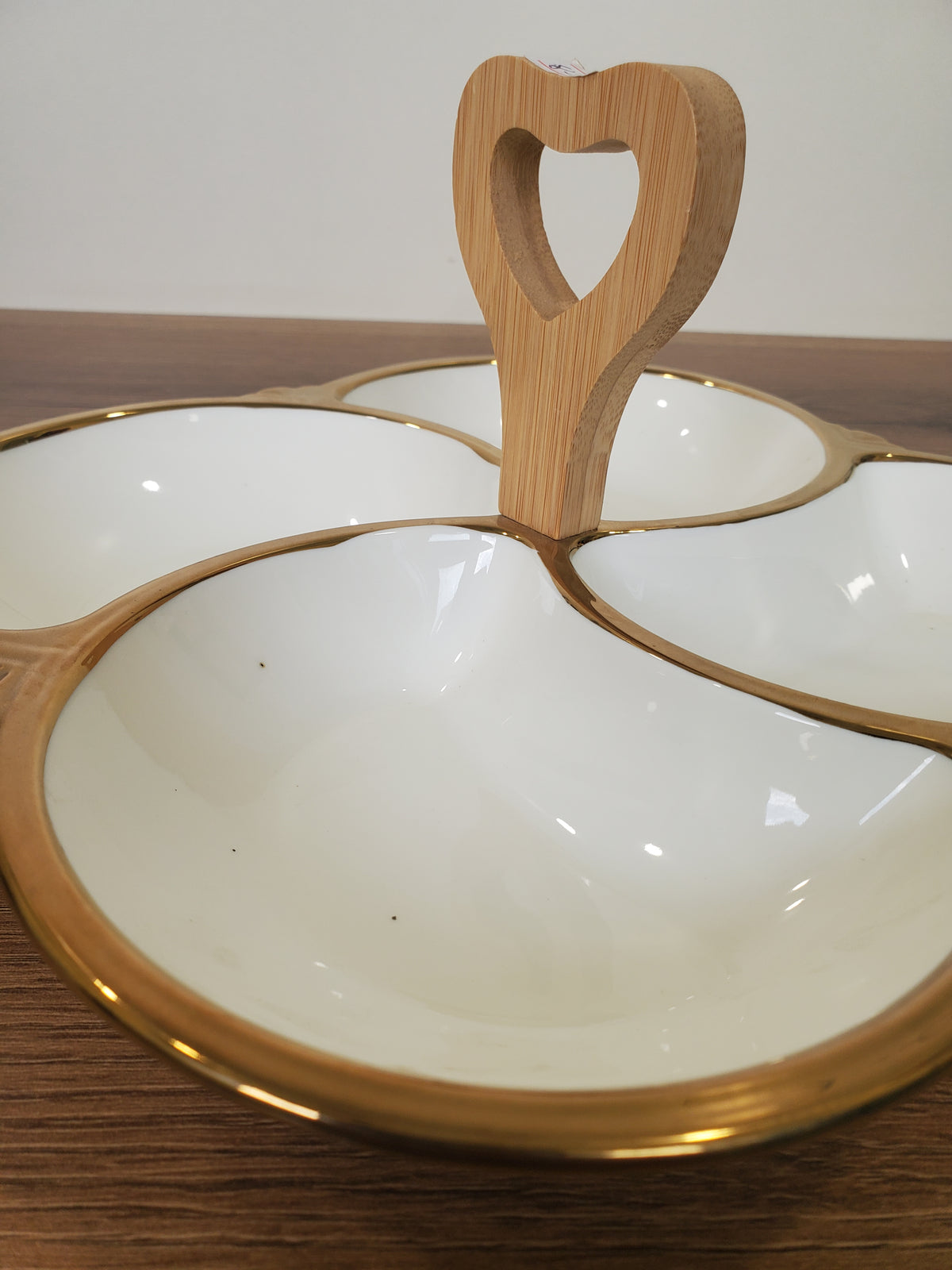 4-Section Round Ceramic Snack Serving Tray with Wooden Handle (1-12)