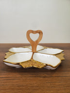 5-Section Leaf-Shaped White Ceramic Snack Serving Tray with Wooden Handle (1-11)