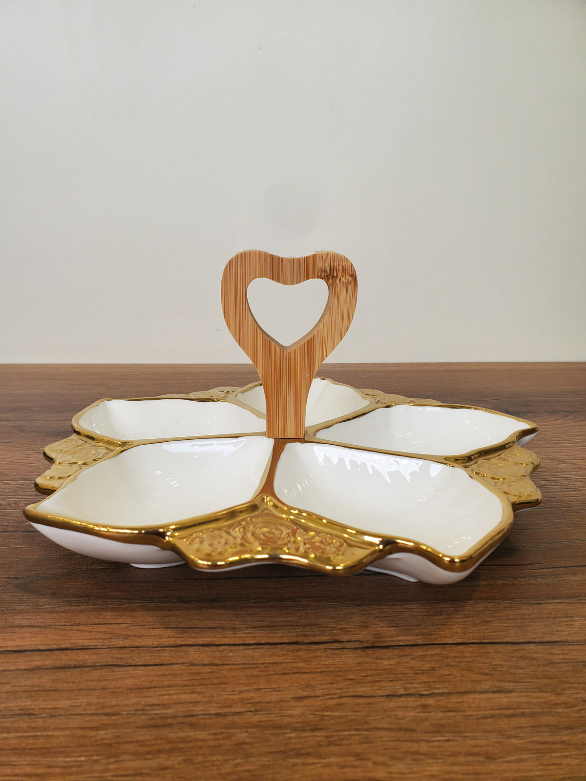 5-Section Leaf-Shaped White Ceramic Snack Serving Tray with Wooden Handle (1-11)