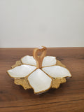 5-Section Leaf-Shaped White Ceramic Snack Serving Tray with Wooden Handle (1-11)