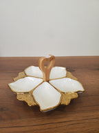5-Section Leaf-Shaped White Ceramic Snack Serving Tray with Wooden Handle (1-11)