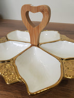 5-Section Leaf-Shaped White Ceramic Snack Serving Tray with Wooden Handle (1-11)