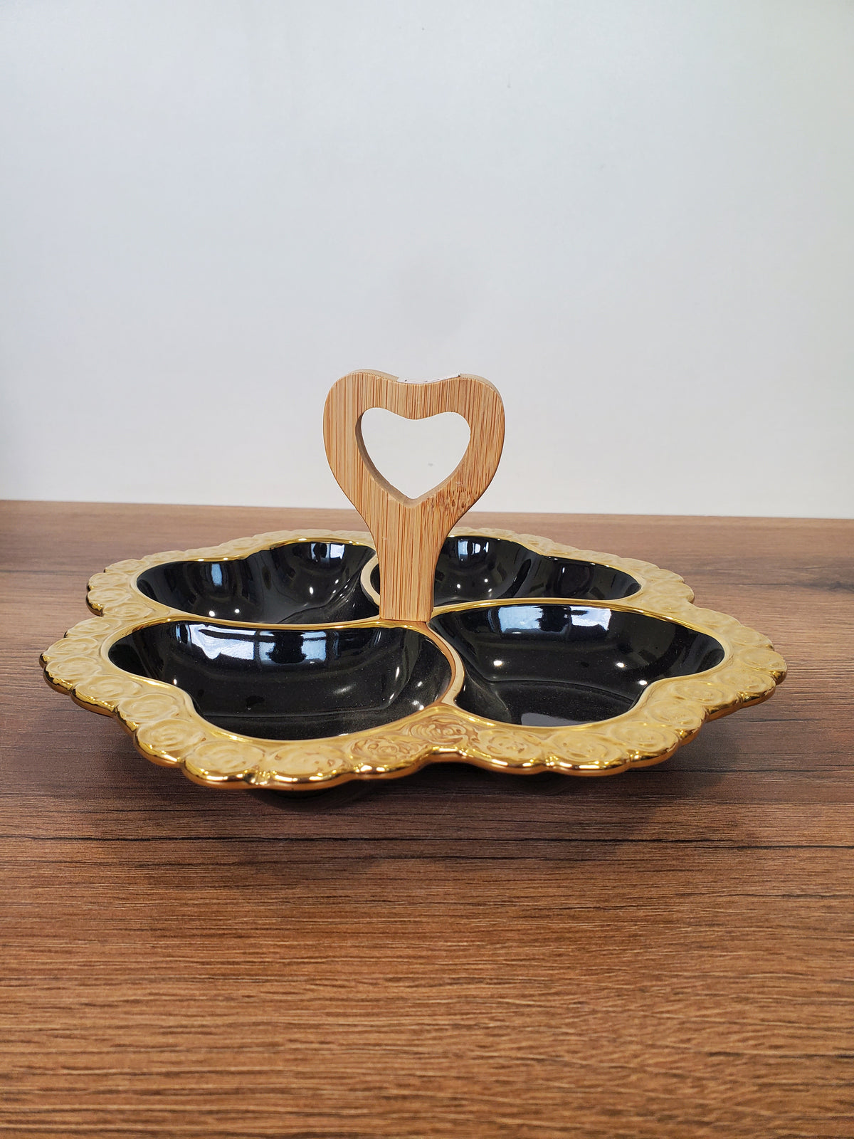 4-Section Floral Ceramic Snack Serving Tray with Wooden Handle (1-10)