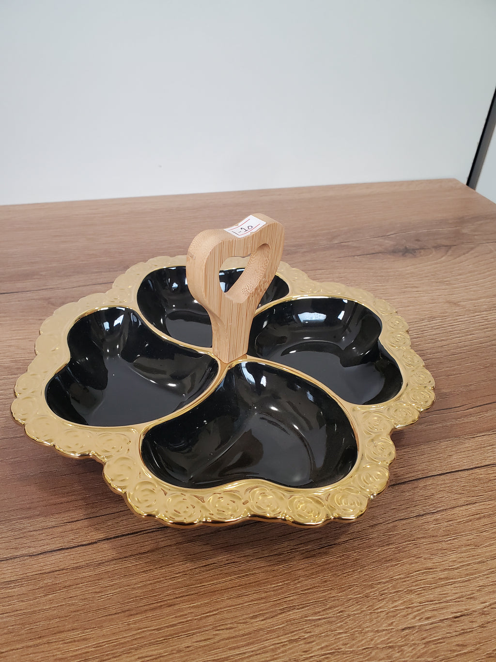 4-Section Floral Ceramic Snack Serving Tray with Wooden Handle (1-10)