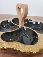 4-Section Floral Ceramic Snack Serving Tray with Wooden Handle (1-10)