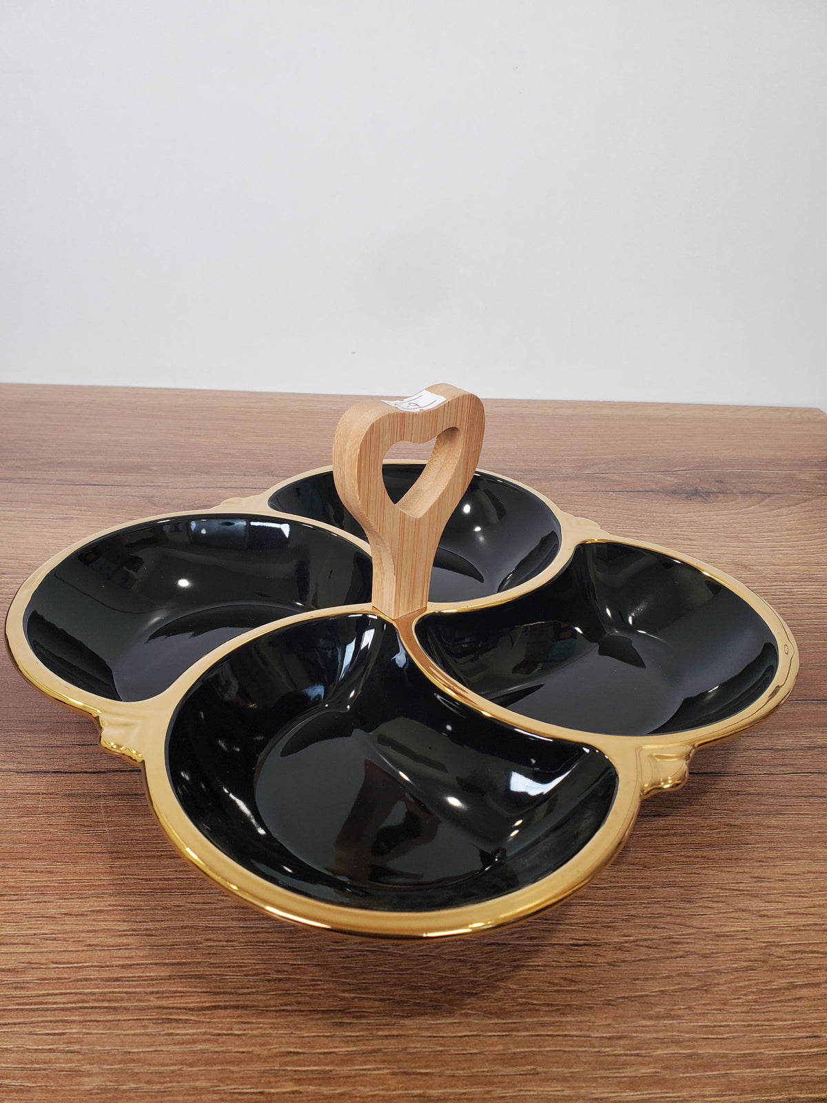 4-Section Floral Ceramic Snack Serving Tray with Wooden Handle (1-9)