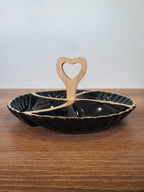 4-Section Round Ceramic Snack Serving Tray with Wooden Handle (1-7)