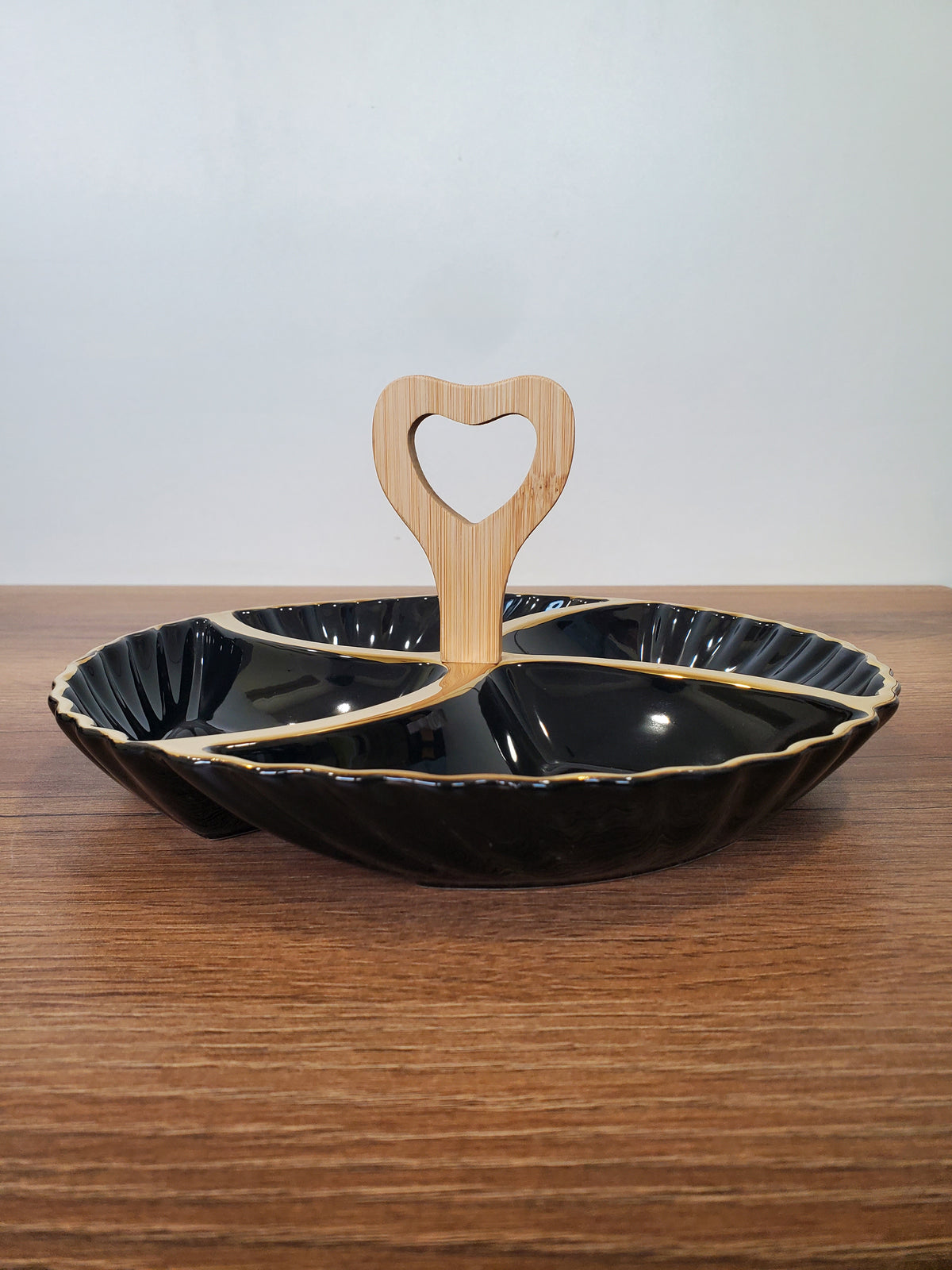 4-Section Round Ceramic Snack Serving Tray with Wooden Handle (1-7)