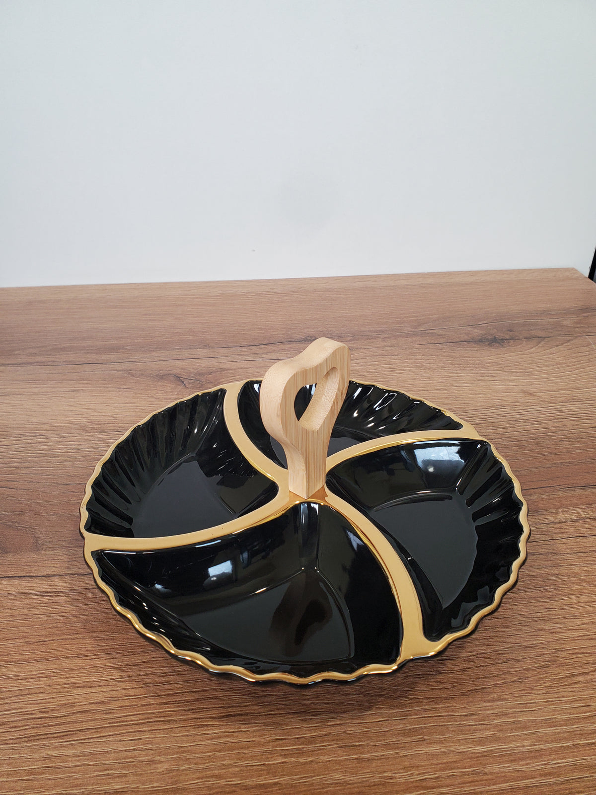 4-Section Round Ceramic Snack Serving Tray with Wooden Handle (1-7)