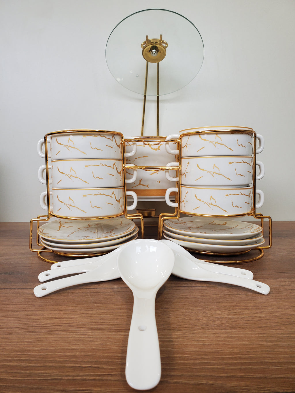 21-Piece Ceramic Soup Bowl Set with Gold Iron Stand