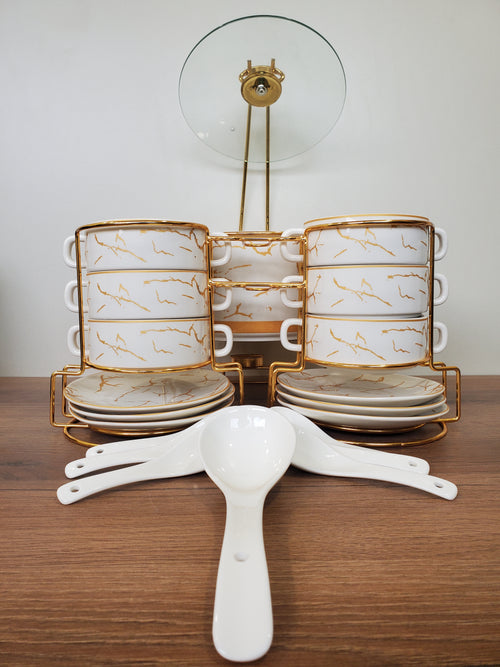 21-Piece Ceramic Soup Bowl Set with Gold Iron Stand