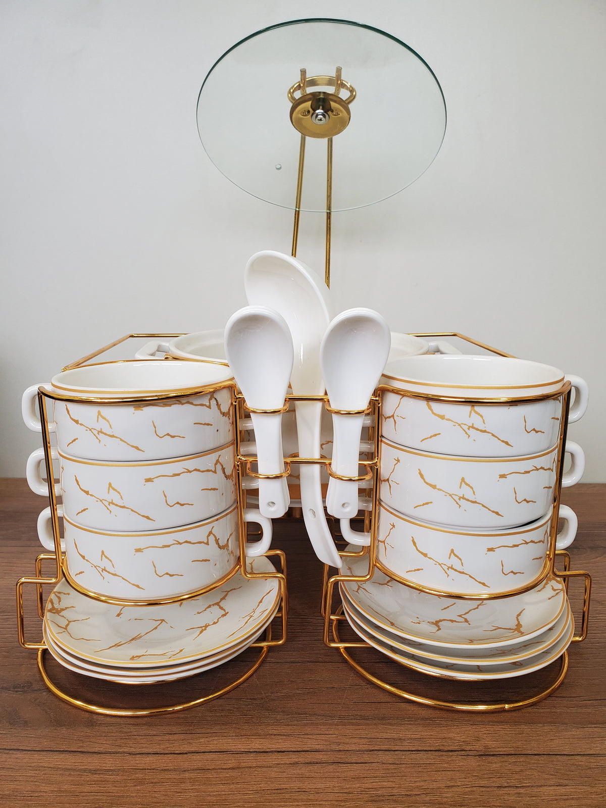 21-Piece Ceramic Soup Bowl Set with Gold Iron Stand