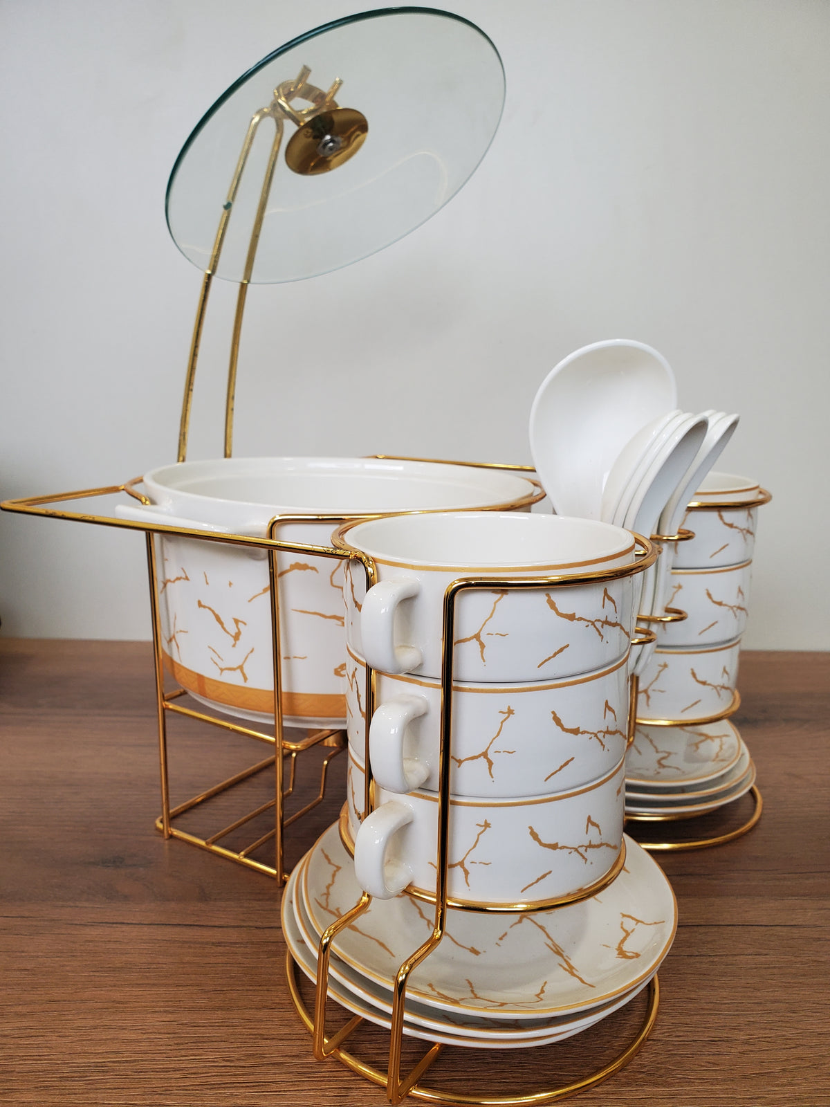 21-Piece Ceramic Soup Bowl Set with Gold Iron Stand