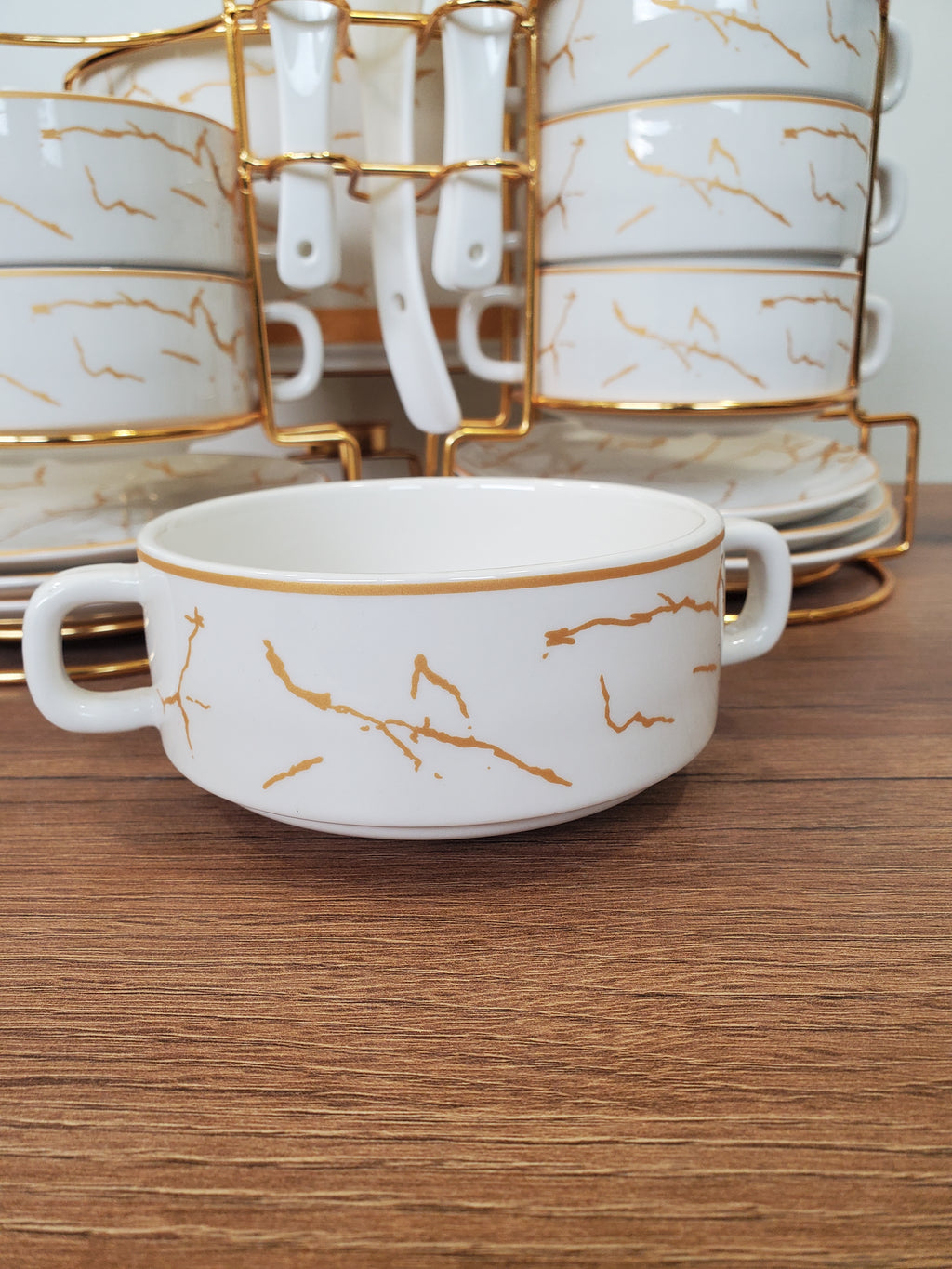 21-Piece Ceramic Soup Bowl Set with Gold Iron Stand