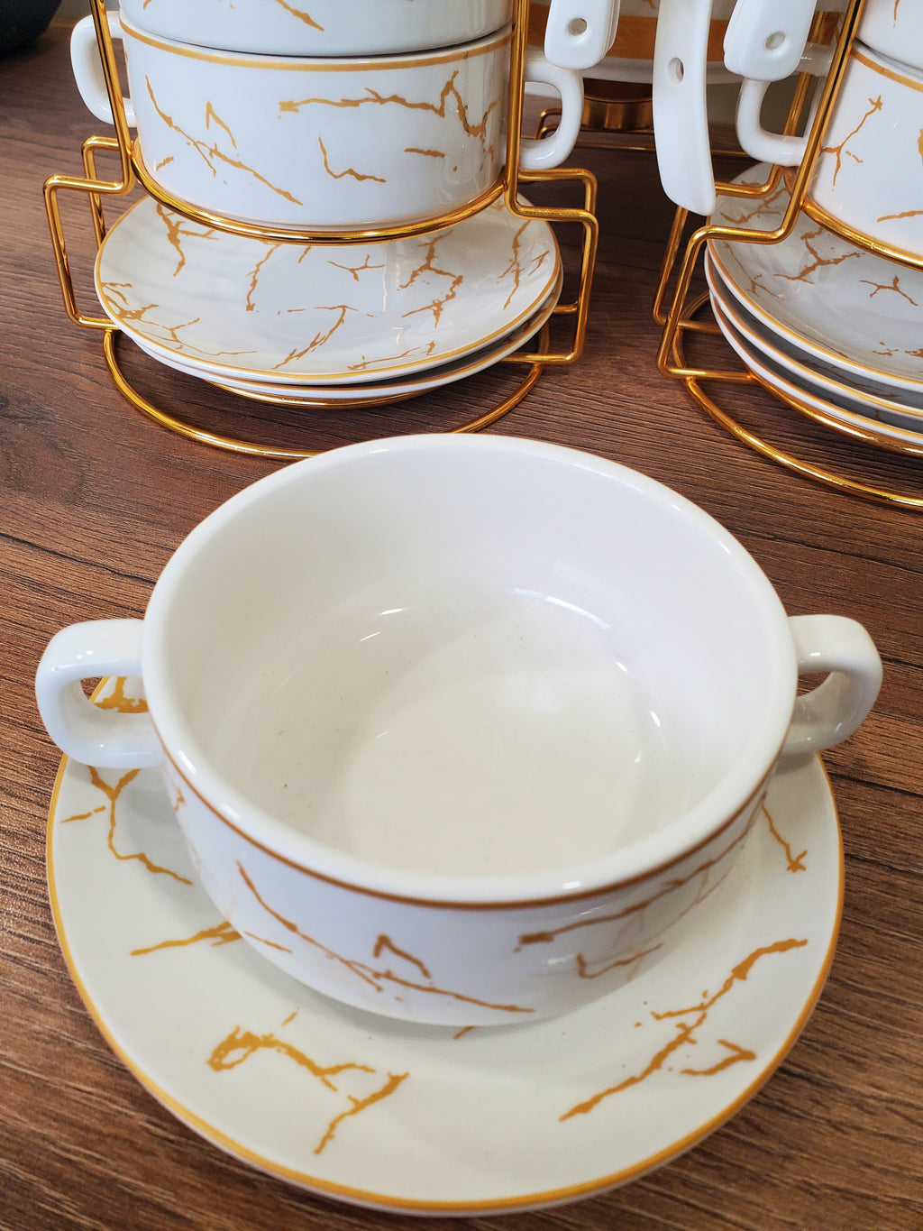 21-Piece Ceramic Soup Bowl Set with Gold Iron Stand