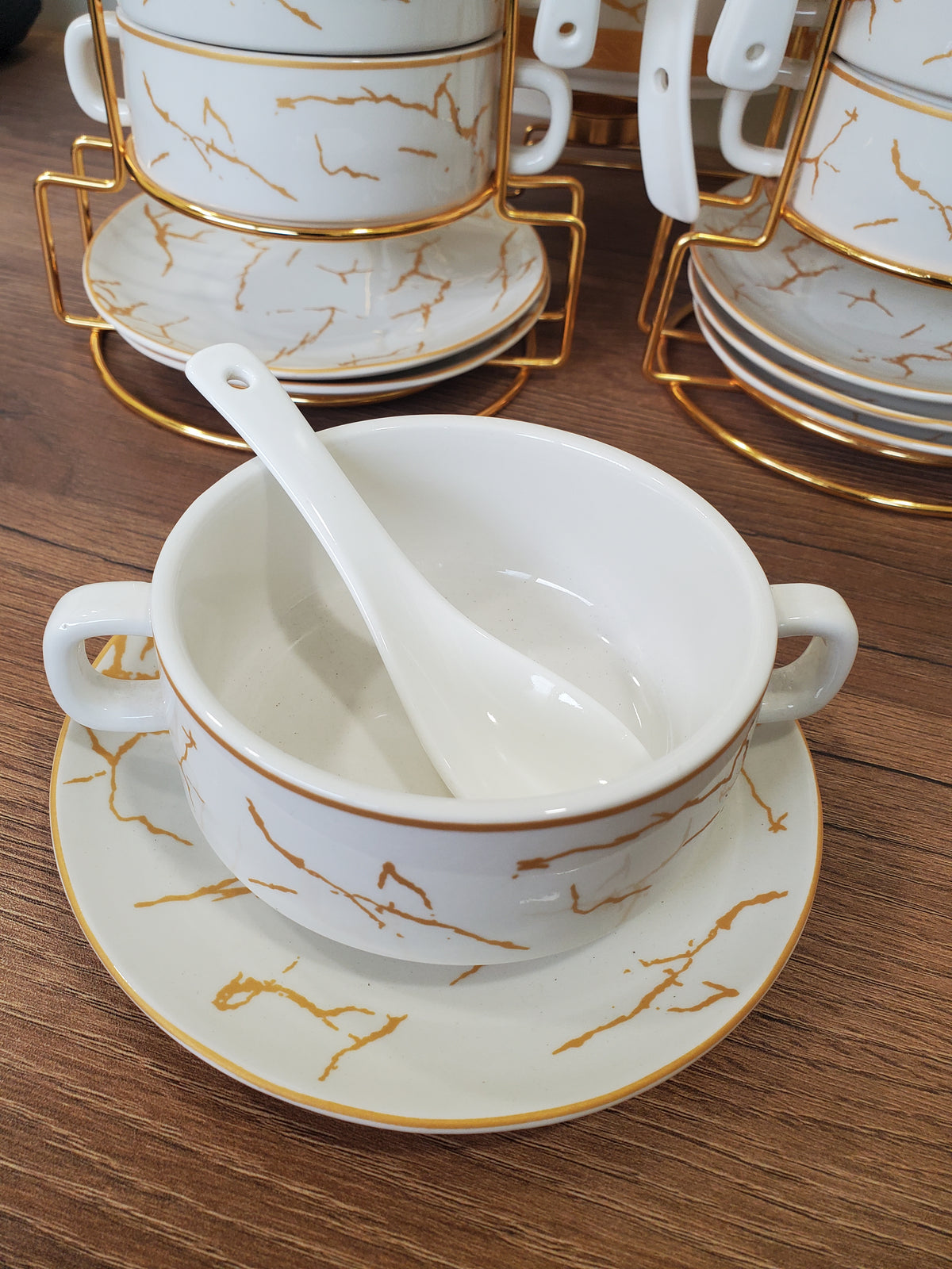 21-Piece Ceramic Soup Bowl Set with Gold Iron Stand