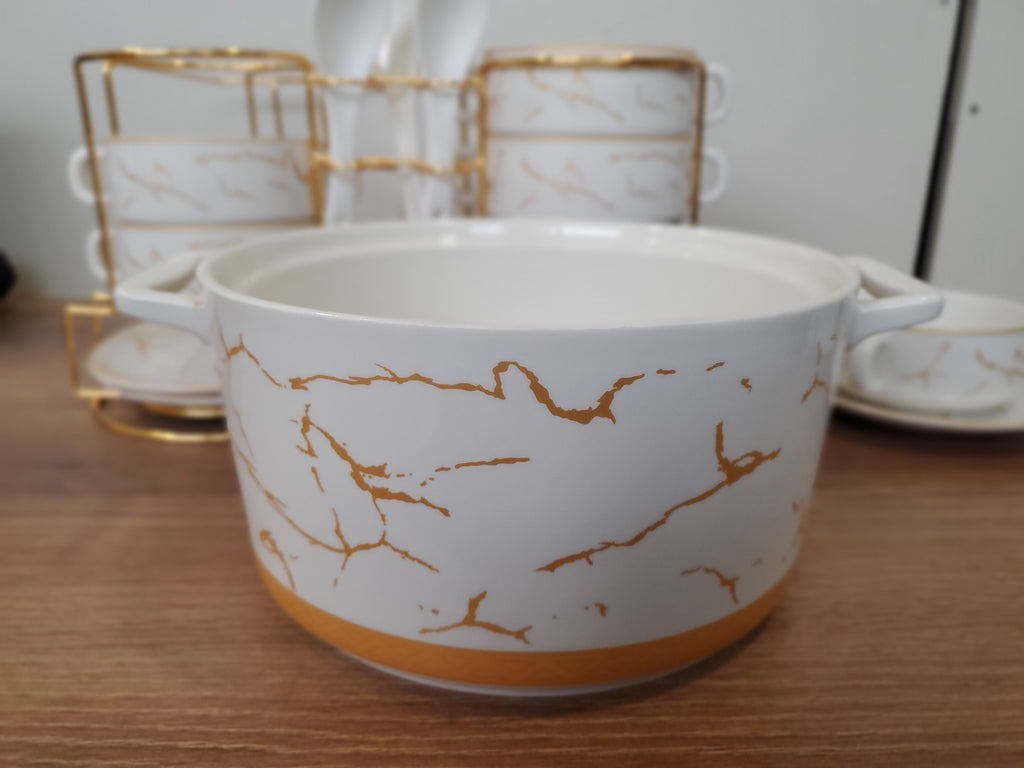 21-Piece Ceramic Soup Bowl Set with Gold Iron Stand