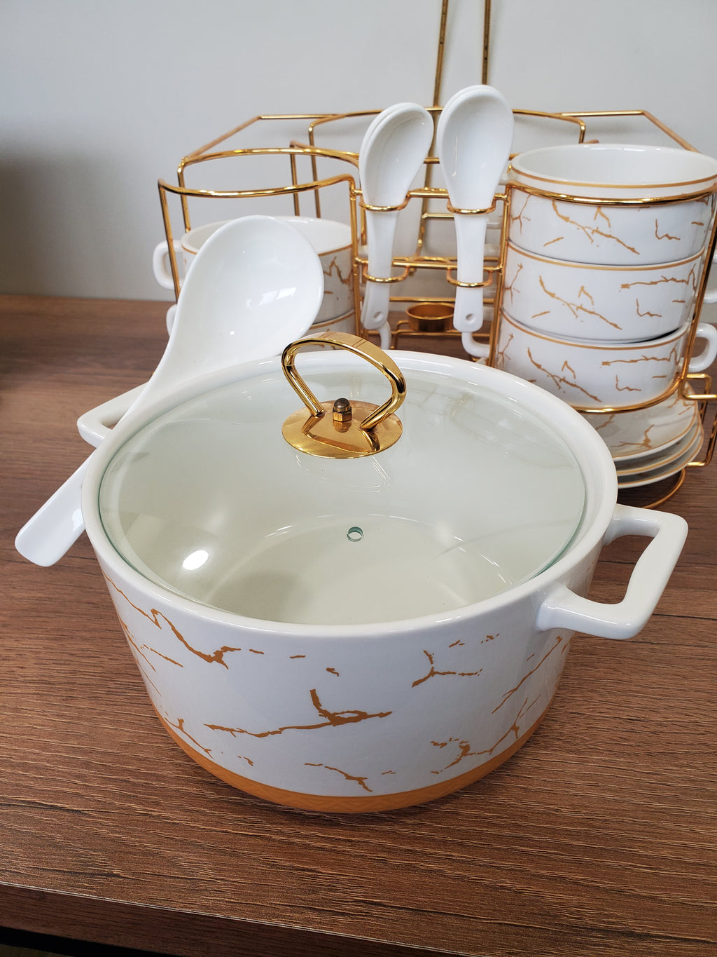 21-Piece Ceramic Soup Bowl Set with Gold Iron Stand
