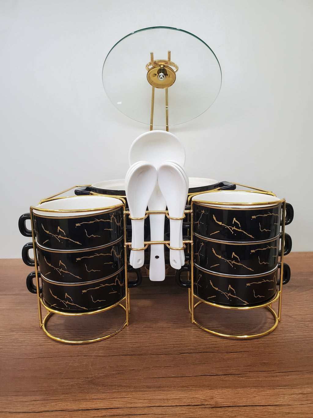 15-Piece Ceramic Soup Bowl Set with Gold Iron Stand