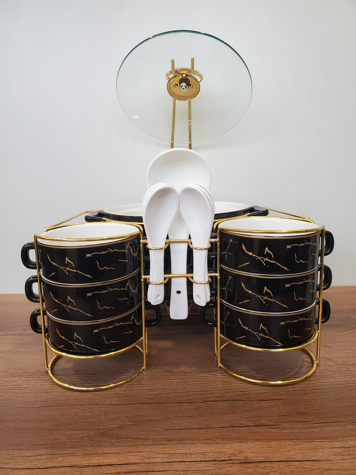 15-Piece Ceramic Soup Bowl Set with Gold Iron Stand
