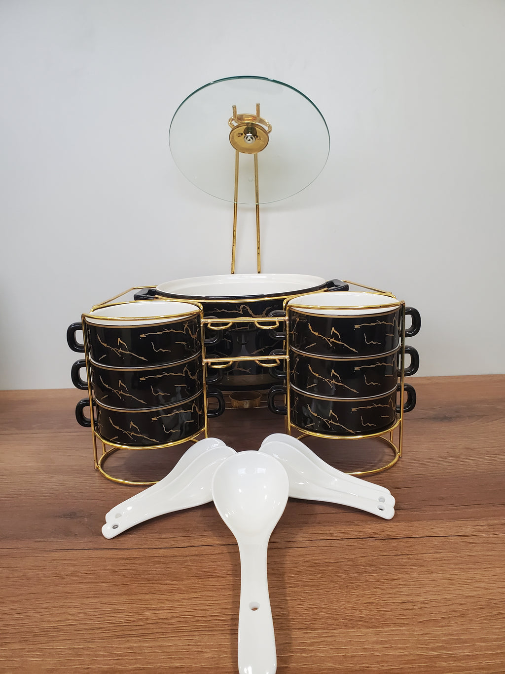 15-Piece Ceramic Soup Bowl Set with Gold Iron Stand