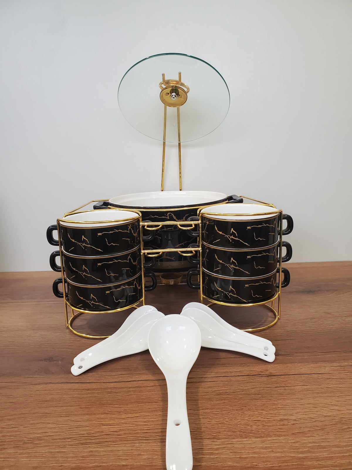 15-Piece Ceramic Soup Bowl Set with Gold Iron Stand