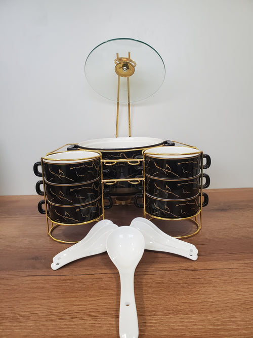 15-Piece Ceramic Soup Bowl Set with Gold Iron Stand