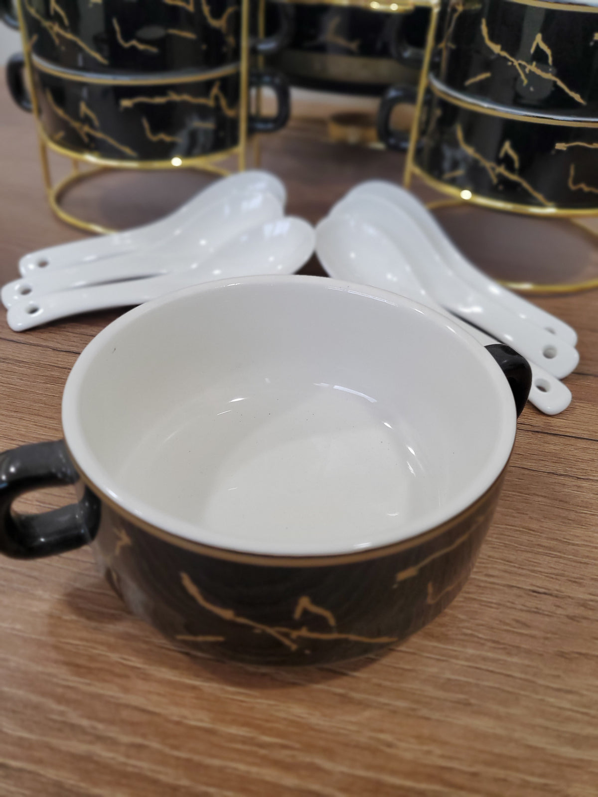 15-Piece Ceramic Soup Bowl Set with Gold Iron Stand
