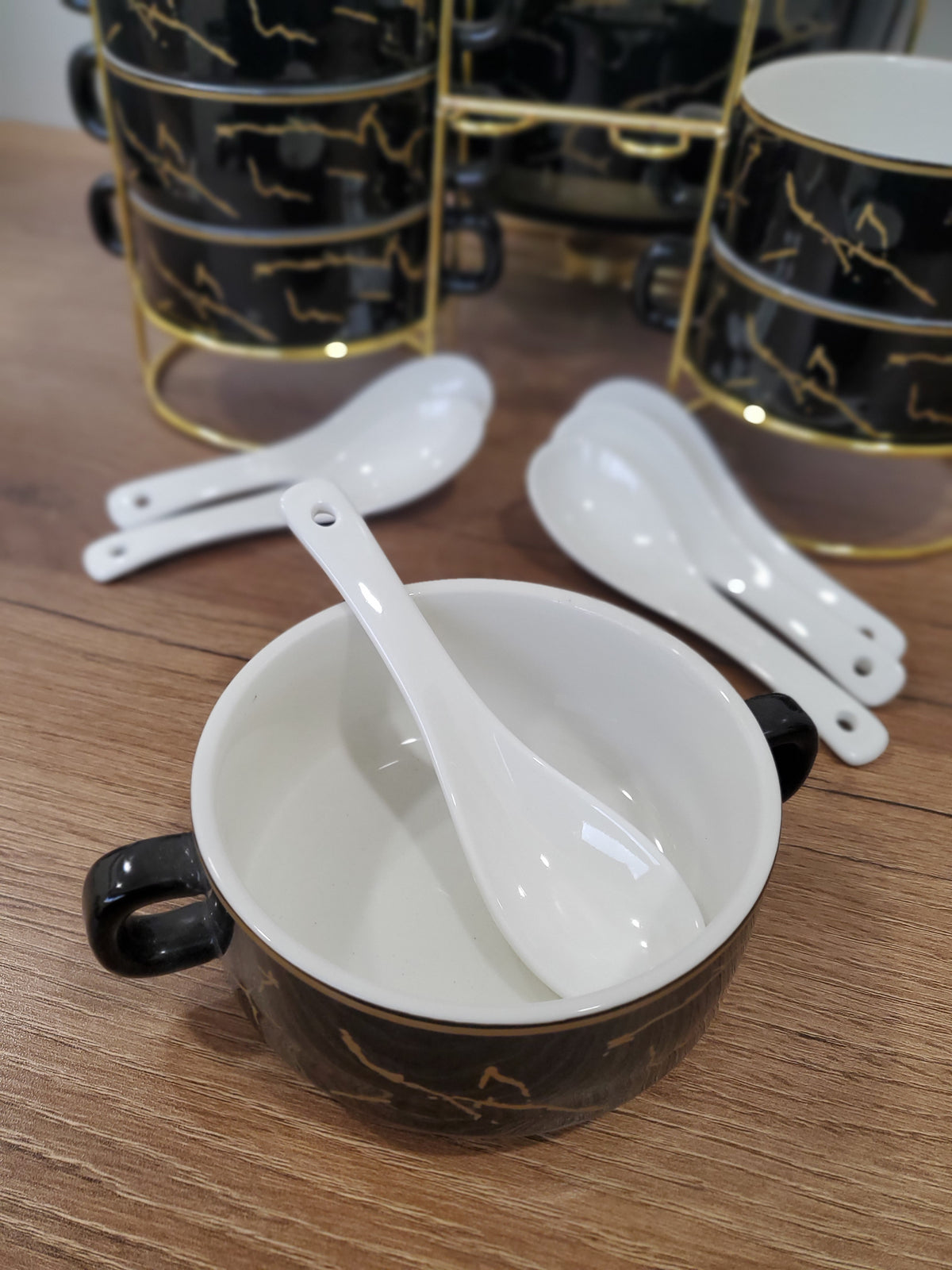 15-Piece Ceramic Soup Bowl Set with Gold Iron Stand