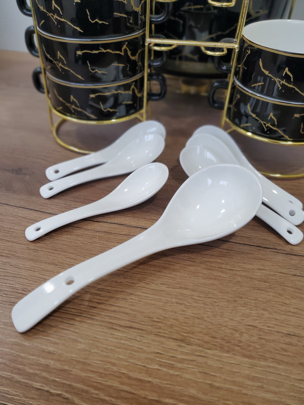 15-Piece Ceramic Soup Bowl Set with Gold Iron Stand