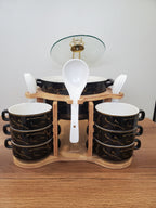 15-Piece Black Ceramic Soup Bowl Set with Wooden Stand