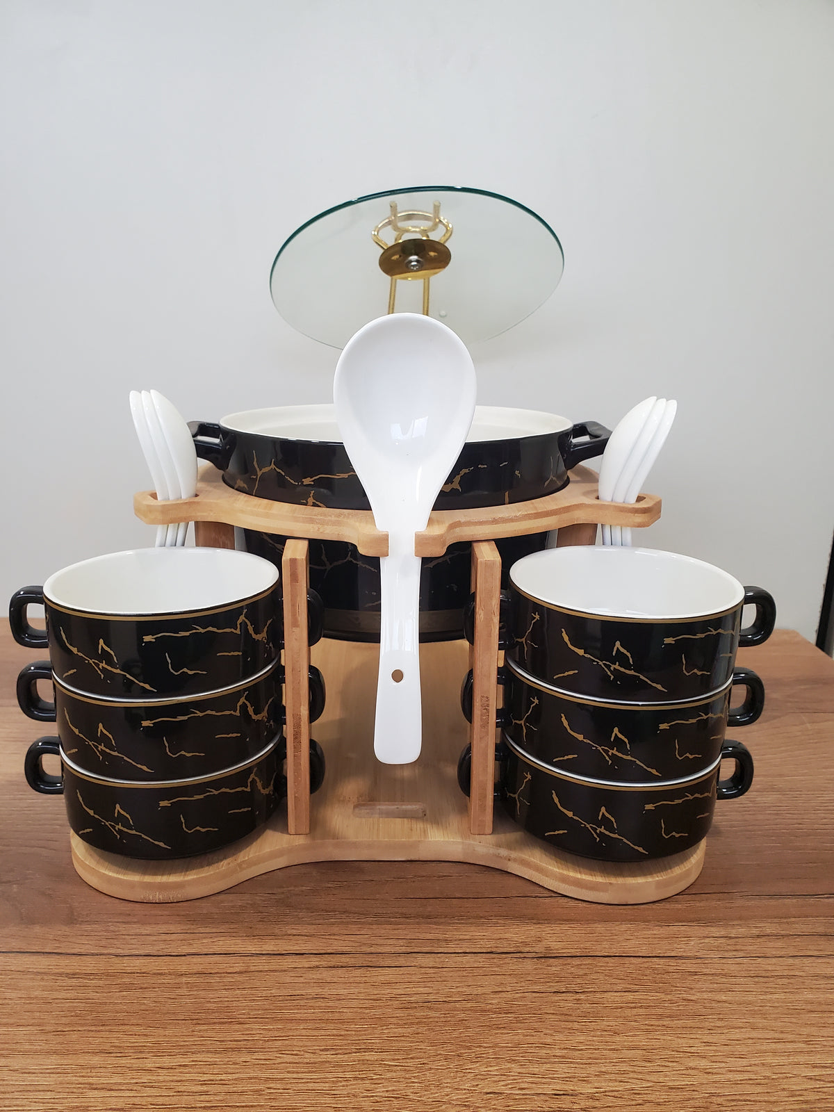 15-Piece Black Ceramic Soup Bowl Set with Wooden Stand
