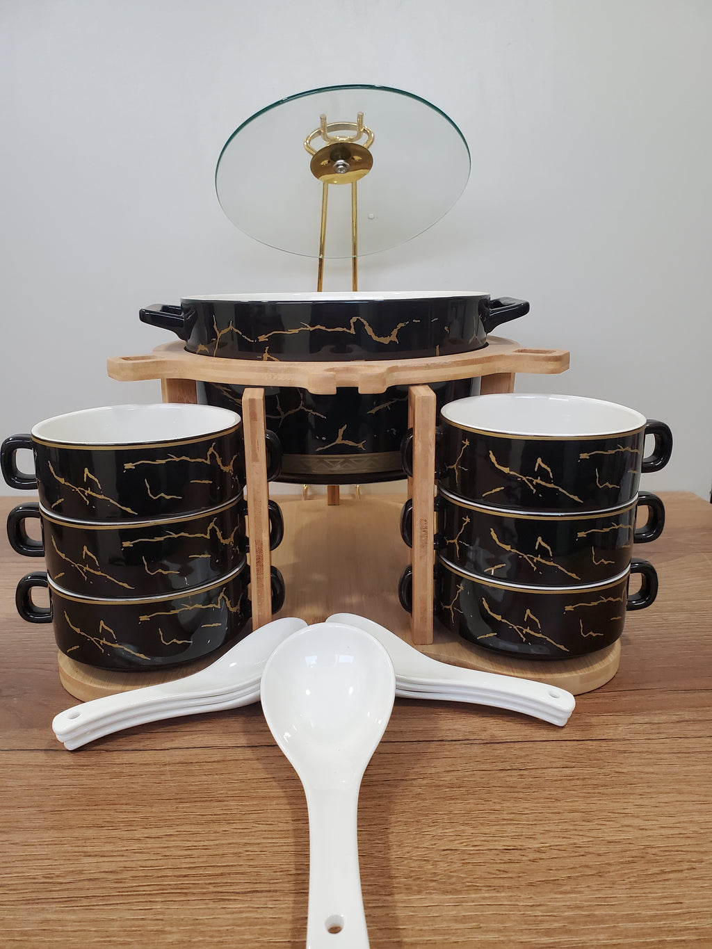15-Piece Black Ceramic Soup Bowl Set with Wooden Stand