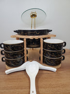 15-Piece Black Ceramic Soup Bowl Set with Wooden Stand