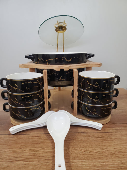 15-Piece Black Ceramic Soup Bowl Set with Wooden Stand