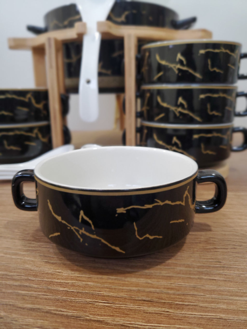 15-Piece Black Ceramic Soup Bowl Set with Wooden Stand