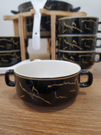 15-Piece Black Ceramic Soup Bowl Set with Wooden Stand
